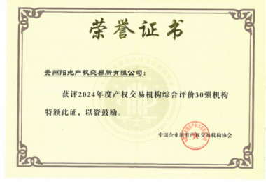 喜訊！貴州陽光產(chǎn)權(quán)交易所獲得2024年度全國產(chǎn)權(quán)交易機(jī)構(gòu)2項(xiàng)30強(qiáng)榮譽(yù)